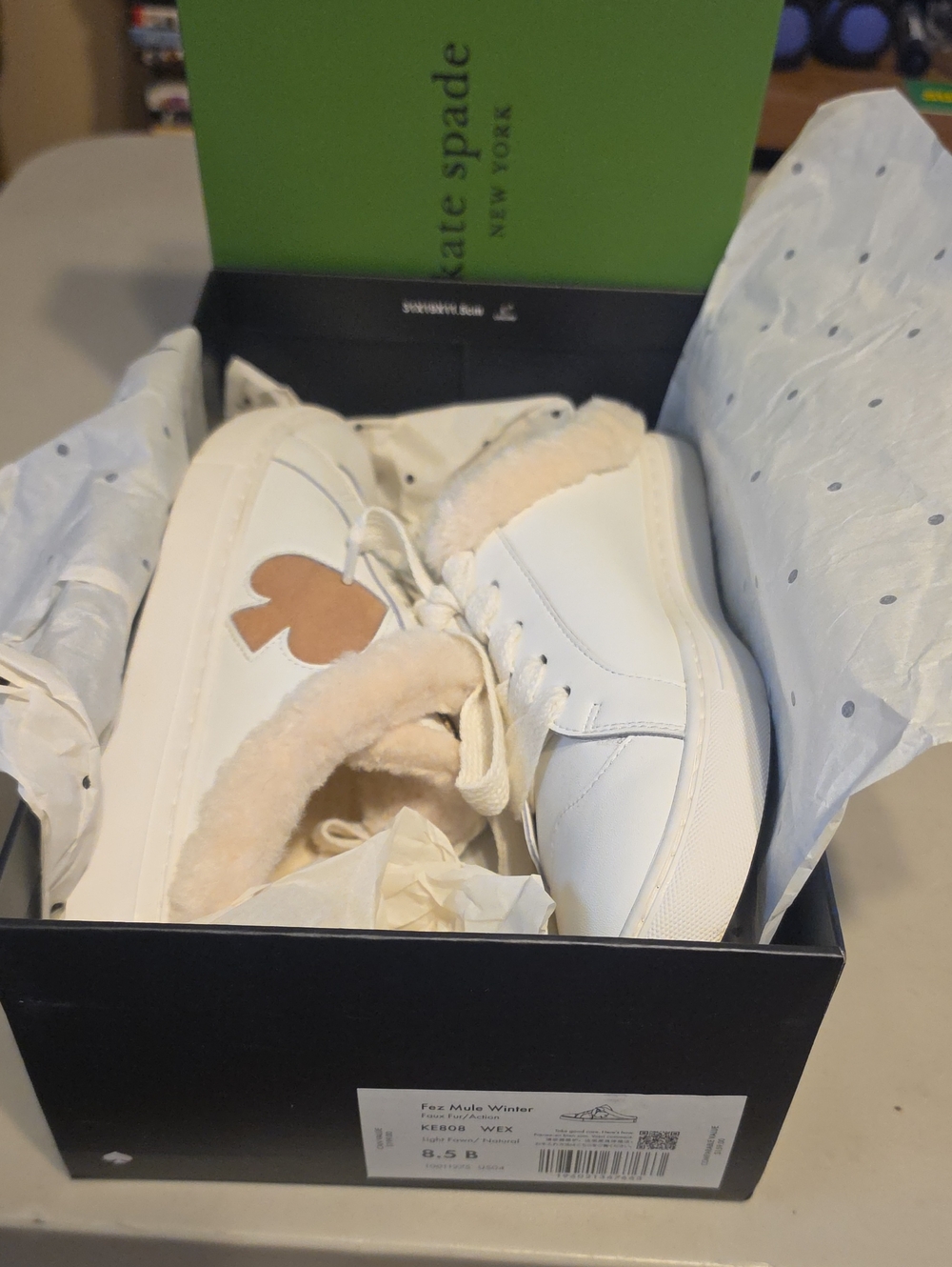 Kate Spade White Leather Sneakers with Tan Heart Detail